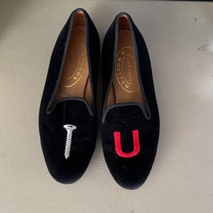 Stubbs & Wootton Black Velvet Loafers with Red and Silver Embroidery